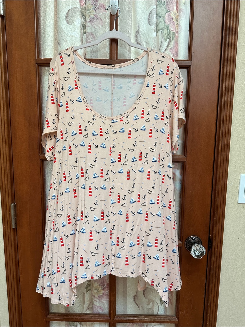 Nautical Print Swing Tunic Top - Pink Background with Red & Blue Accents